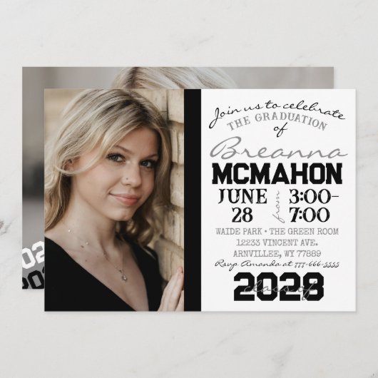 Wit & Zwart Afstuderen 2 Fotouitnodiging Kaart (Voorkant / Achterkant)