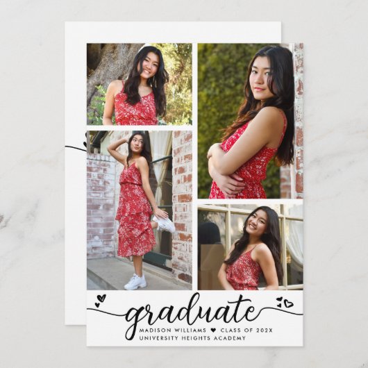 Wit Zwart Afstuderen 4 Foto Kalligrafie Harten Aankondiging (Voorkant / Achterkant)