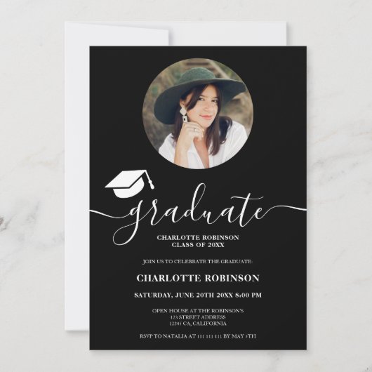 Wit zwart afstuderen script foto afstuderen kaart (Voorkant)