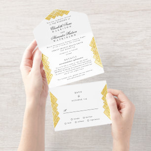 Wit Zwart Antiek Gouden Folie Deco Wedding All In One Uitnodiging