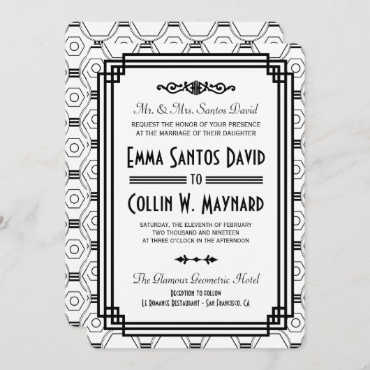 Wit & Zwart Art Deco bruiloft uitnodigingen (Voorkant / Achterkant)