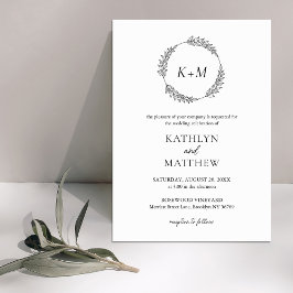 Wit Zwart Blad Krans Modern Monogram Bruiloft Kaart