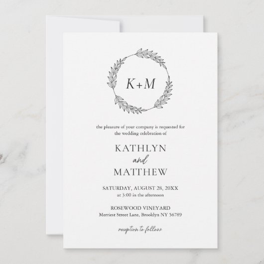 Wit Zwart Blad Krans Modern Monogram Bruiloft Kaart (Voorkant)