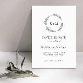 Wit Zwart Blad Krans Modern Monogram Bruiloft Save The Date