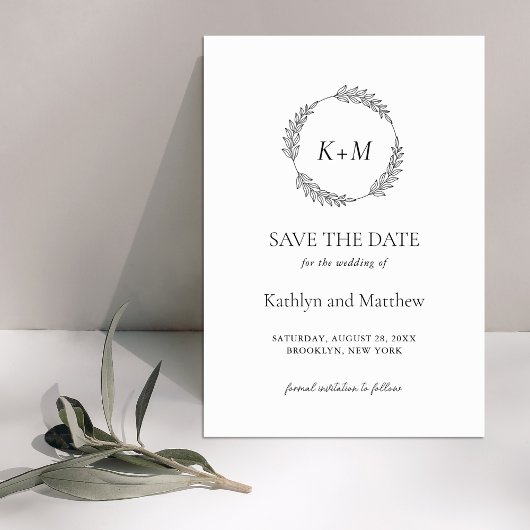 Wit Zwart Blad Krans Modern Monogram Bruiloft Save The Date