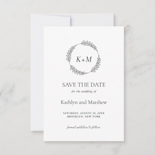 Wit Zwart Blad Krans Modern Monogram Bruiloft Save The Date (Voorkant)
