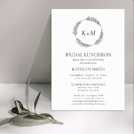 Wit Zwart Blad Krans Monogram Bruids Luncheon Kaart
