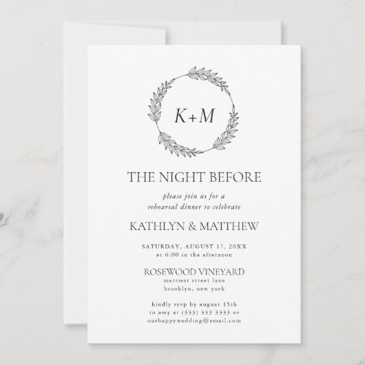 Wit zwart blad krans monogram de avond ervoor kaart (Voorkant)