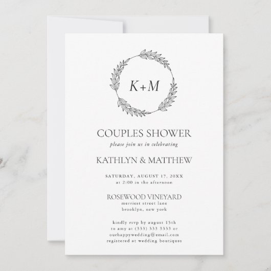 Wit Zwart Blad Krans Monogram Koppels Douche Kaart (Voorkant)