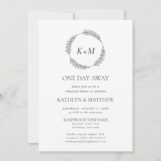 Wit zwart blad krans monogram op een dag afstand kaart (Voorkant)