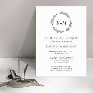 Wit Zwart Blad Krans Monogram Repetitie Brunch Kaart