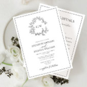 Wit Zwart Bladderige Crest Monogram Details Huweli Kaart