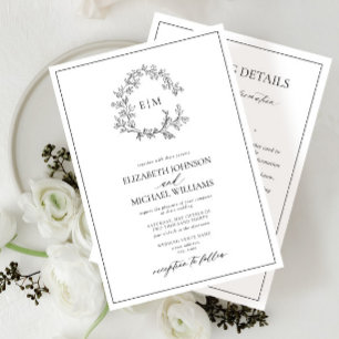 Wit Zwart Bladderige Crest Monogram Details Huweli Kaart
