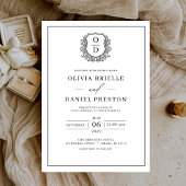 Wit Zwart Bladderige Crest Monogram Elegante Huwel Kaart