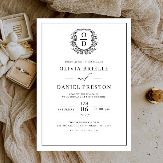 Wit Zwart Bladderige Crest Monogram Elegante Huwel Kaart