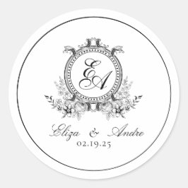 Wit Zwart Bladkam Monogram Ronde Sticker
