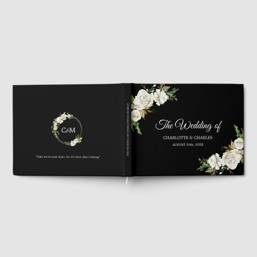 Wit Zwart  Bloemen Bruiloft Gastenboek (Volledig)