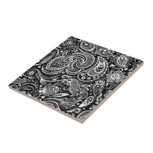Wit & Zwart  Bloemen Paisley Damasks Tegeltje