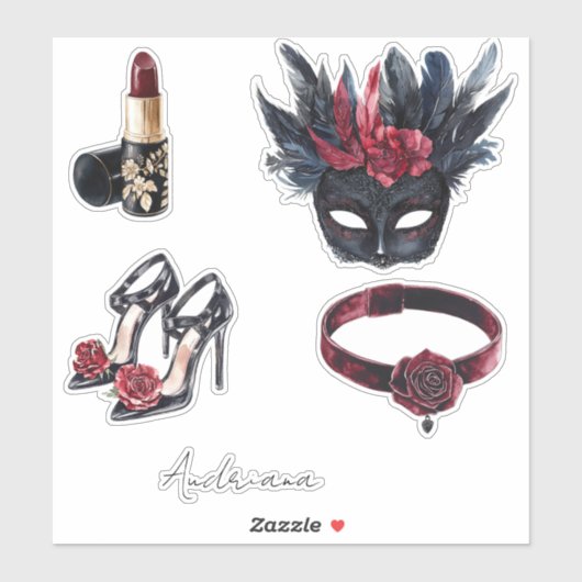 Wit Zwart Bourgondië Rode Veren Masker Sticker (Vel)