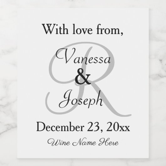 Wit Zwart Bruiloft Monogram Wijn Etiket (Enkel label)