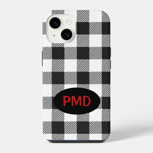 Wit Zwart Buffalo Plaid Monogram Gepersonaliseerd iPhone Hoesje (Achterkant)