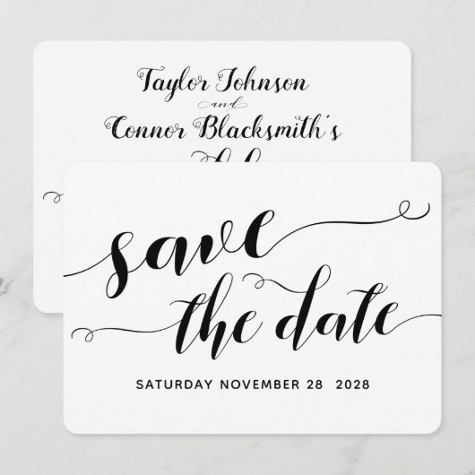 Wit & Zwart Calligrafie Huwelijk Save The Date Kaart (Voorkant / Achterkant)