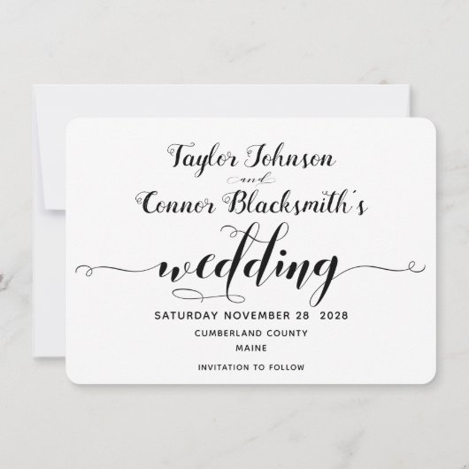 Wit & Zwart Calligrafie Huwelijk Save The Date Kaart (Achterkant)