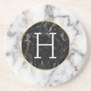 Wit & Zwart Cirkel Marmeren Monogram Zandsteen Onderzetter