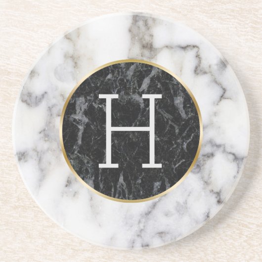 Wit & Zwart Cirkel Marmeren Monogram Zandsteen Onderzetter (Voorkant)