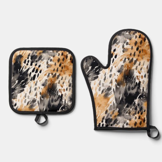 Wit Zwart Crème Luipaard Dier   Ovenwant & Pannenlap Set (Voorkant)