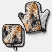 Wit Zwart Crème Luipaard Dier   Ovenwant & Pannenlap Set (Voorkant / Achterkant)