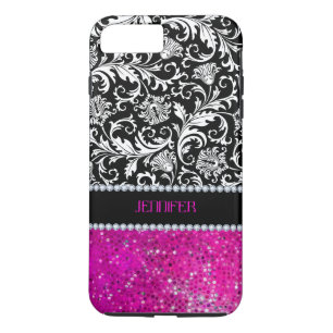 Wit & Zwart Damasks Roze Glitter & Diamanten iPhone 8/7 Plus Hoesje