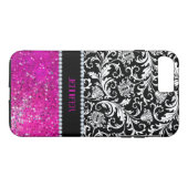 Wit & Zwart Damasks Roze Glitter & Diamanten Case-Mate iPhone Case (Achterkant (Horizontaal))