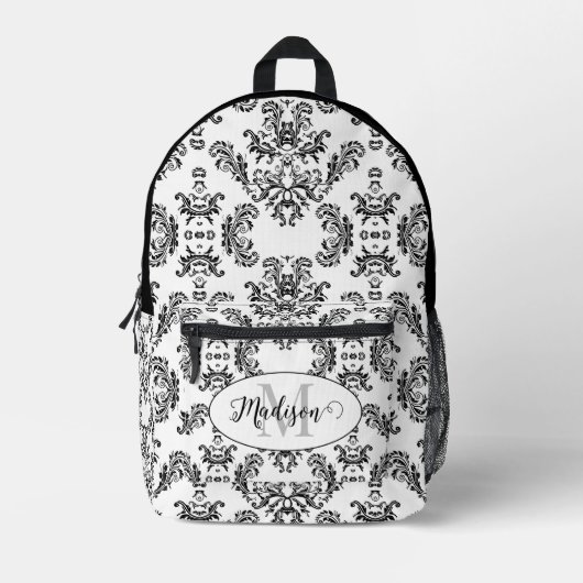 Wit Zwart  damast patroon Custom Monogram Bedrukte Rugzak (Voorkant)