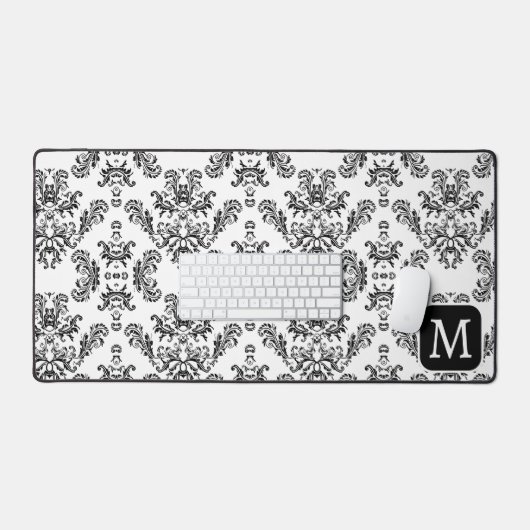 Wit Zwart damast patroon Custom Monogram Bureaumat (Keyboard & Muis)