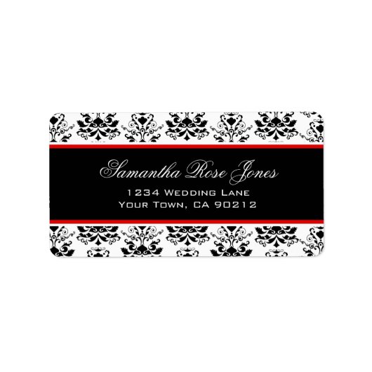 Wit & Zwart Damast Rood Accent Elegant Adres Etiket (Voorkant)