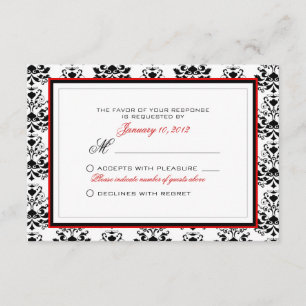Wit & Zwart Damast Rood Accent RSVP Aangepast Kaartje