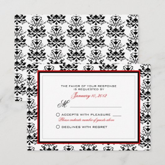 Wit & Zwart Damast Rood Accent RSVP Aangepast Kaartje (Voorkant / Achterkant)