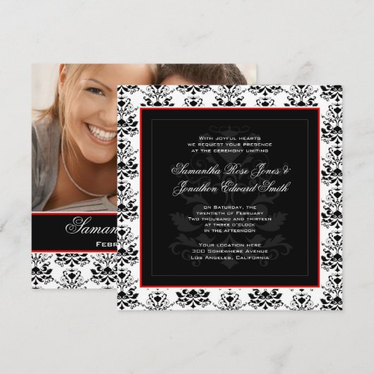 Wit & Zwart Damast Rood Foto Bruiloft Uitnodiging (Voorkant / Achterkant)