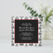 Wit & Zwart Damast Rood Foto Bruiloft Uitnodiging (Staand voorkant)