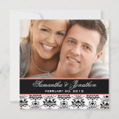 Wit & Zwart Damast Rood Foto Bruiloft Uitnodiging (Achterkant)