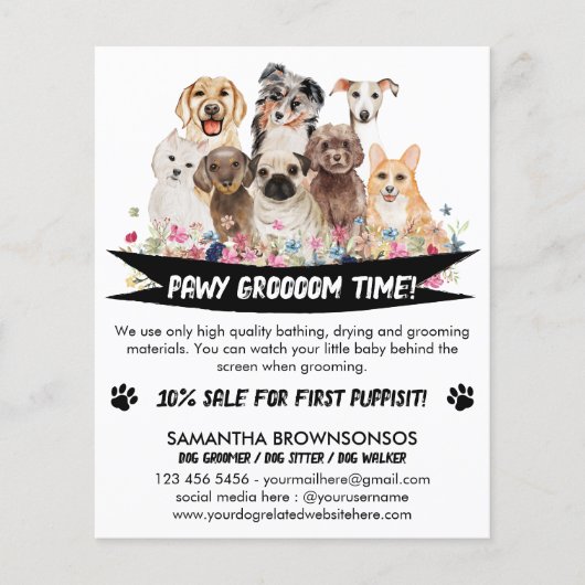 Wit Zwart Eenvoudige Bloemen Geïllustreerde Hond G Flyer (Voorkant)