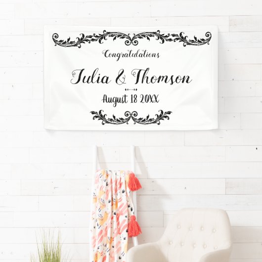 Wit Zwart Elegant Chic Damask Swirl Event Spandoek (Insitu)