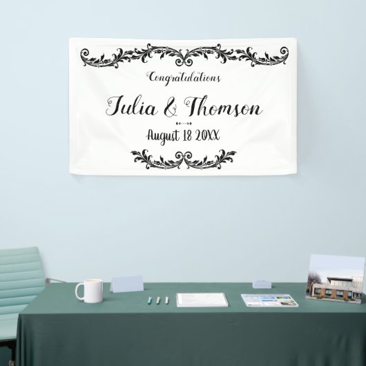 Wit Zwart Elegant Chic Damask Swirl Event Spandoek (Beurs)