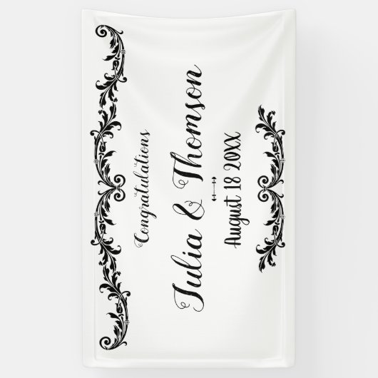 Wit Zwart Elegant Chic Damask Swirl Event Spandoek (Verticaal)