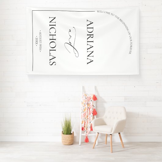 Wit & Zwart Elegant Huwelijk Welkom Spandoek (Insitu)