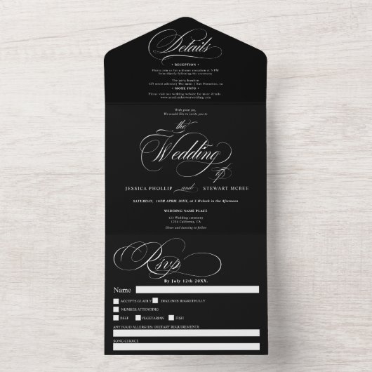 Wit zwart elegant script kalligrafie bruiloft all in one uitnodiging (Binnen)