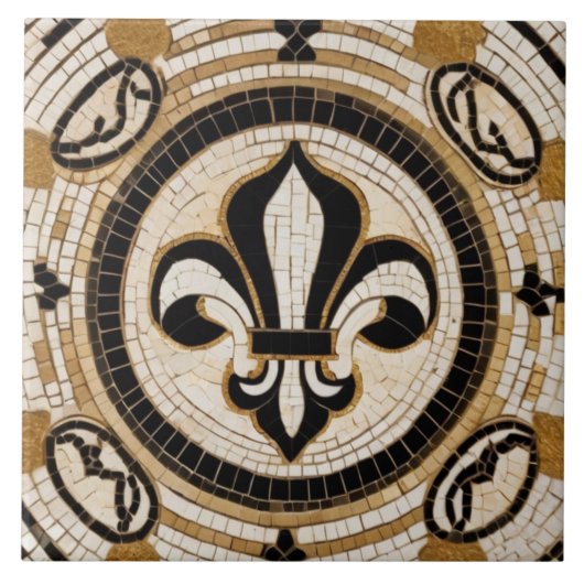 Wit Zwart en Goud Fleur de Lis Faux Mosaic Tegeltje (Voorkant)