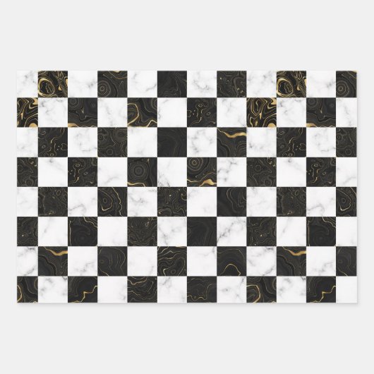 Wit Zwart en Goud Marmeren Checkerboard Inpakpapier Vel (Voorkant)