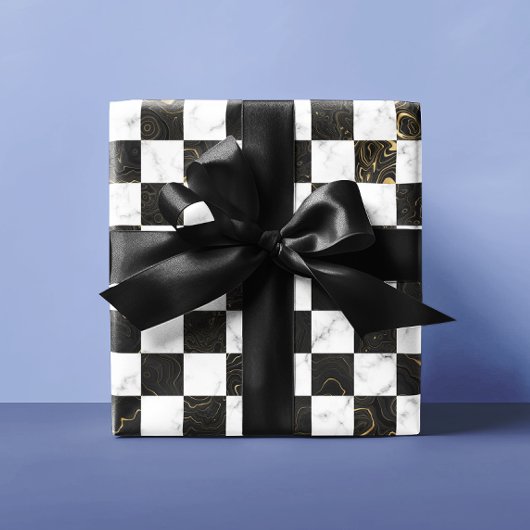 Wit Zwart en Goud Marmeren Checkerboard Inpakpapier Vel